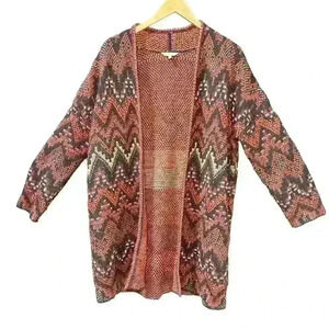 LUCKY BRAND Aztec Knit Long Wool Blend Duster Open Cardigan Women Med